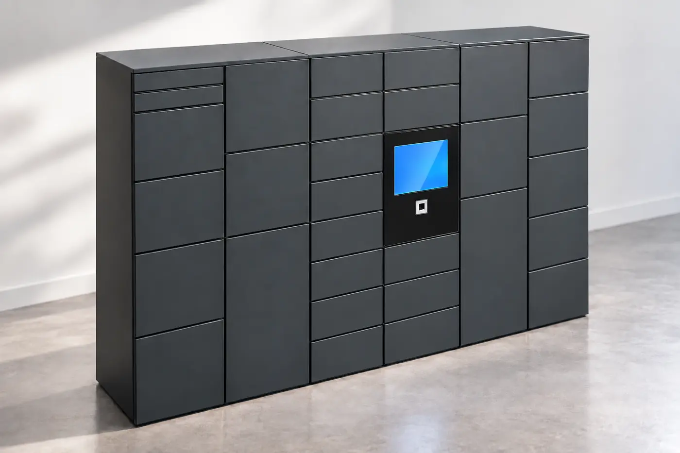Banque de casiers connectés ISILOCKER à écran tactile dans un hall d'entreprise