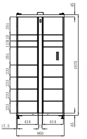 Plan technique du Locker Lite format 15 cases : 1975 x 960 x 575 mm