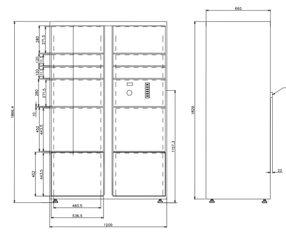 Dimensions du Locker Lite format 11 cases : 1866 x 1200 x 660 mm, 11 cases
